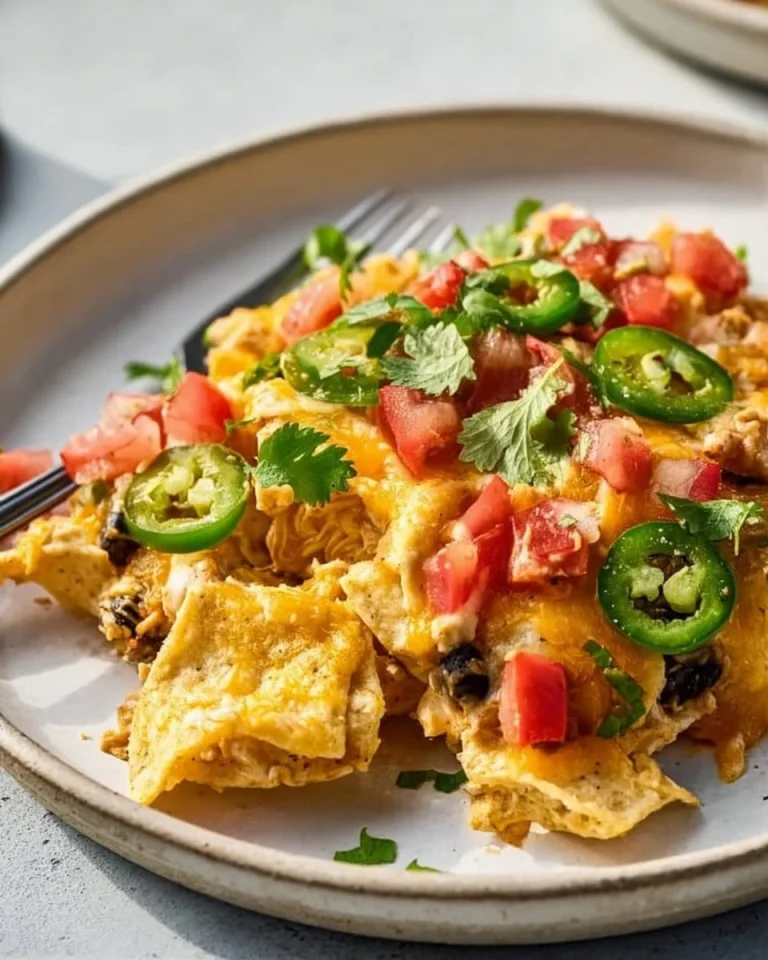 Delicious Nacho Chicken Casserole topped with cheese and jalapeños