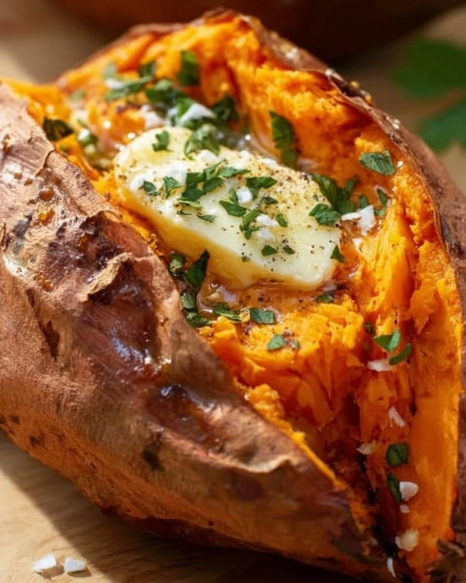 Oven-baked sweet potatoes served with fresh herbs