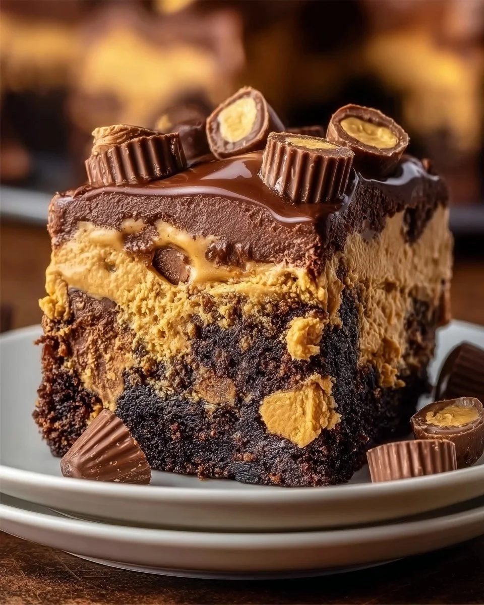 Delicious Peanut Butter Cup Dump Cake topped with chocolate and peanut butter