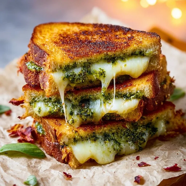 Mouthwatering pesto grilled cheese sandwich with melted cheese and fresh basil.