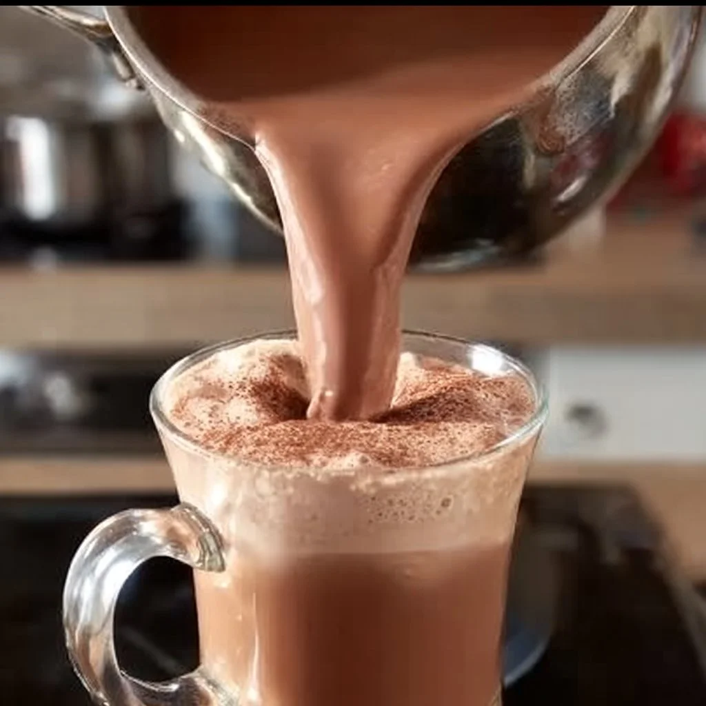 Creamy hot chocolate topped with whipped cream and cocoa powder in a cozy winter setting.