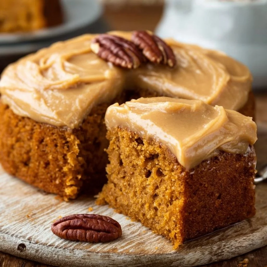 Delicious pumpkin cake with caramel cream cheese frosting on a rustic table.