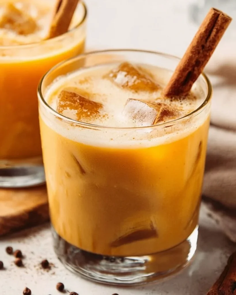 Pumpkin Pie White Russian cocktail on a rustic table with fall decorations.