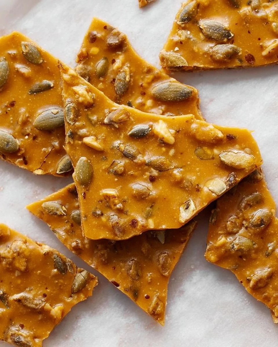 Delicious pumpkin seed toffee brittle on a wooden serving platter