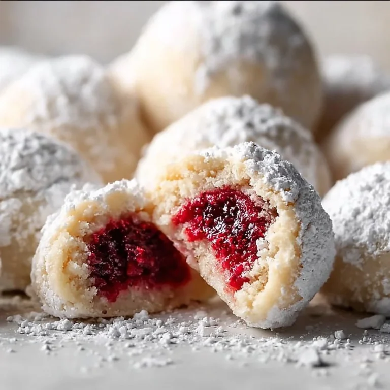 Plate of Raspberry Almond Snowball Cookies sprinkled with powdered sugar