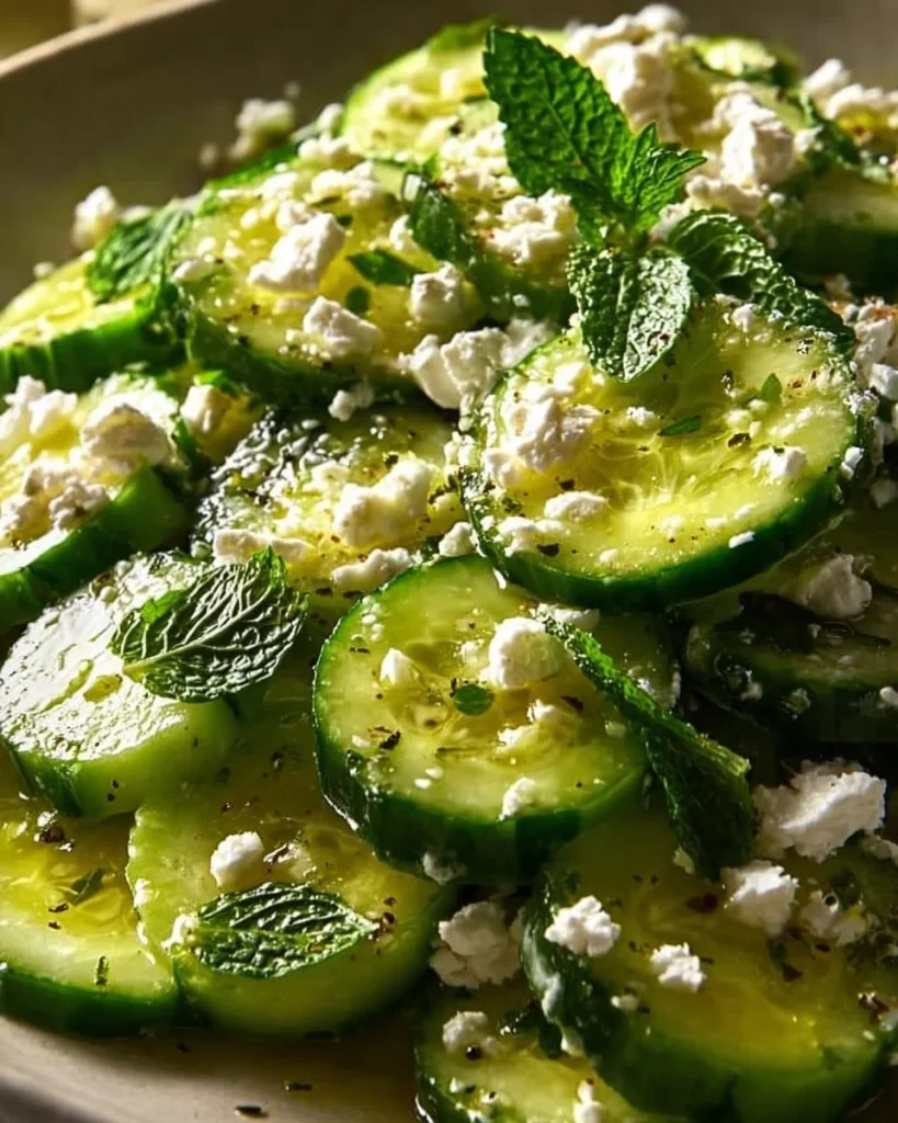 Refreshing cucumber feta salad with fresh vegetables and herbs