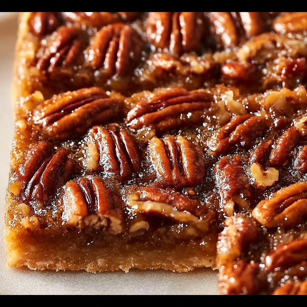 Delicious rich pecan pie bars with pie crust served on a wooden table.