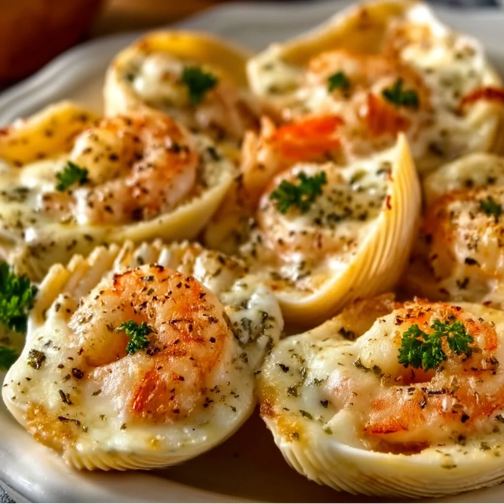 Plate of Seafood Stuffed Shells garnished with herbs