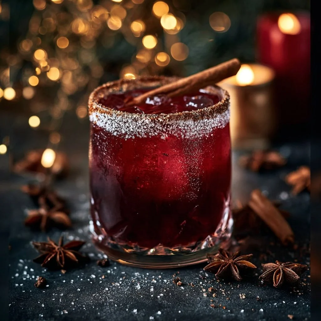 A festive Spiced Christmas Margarita garnished with a cinnamon stick and lime slice.