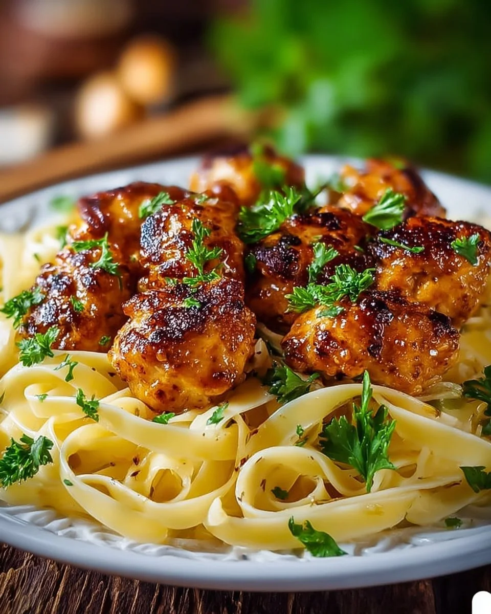 Spicy Cajun Maple Garlic Chicken Bites with creamy Alfredo sauce