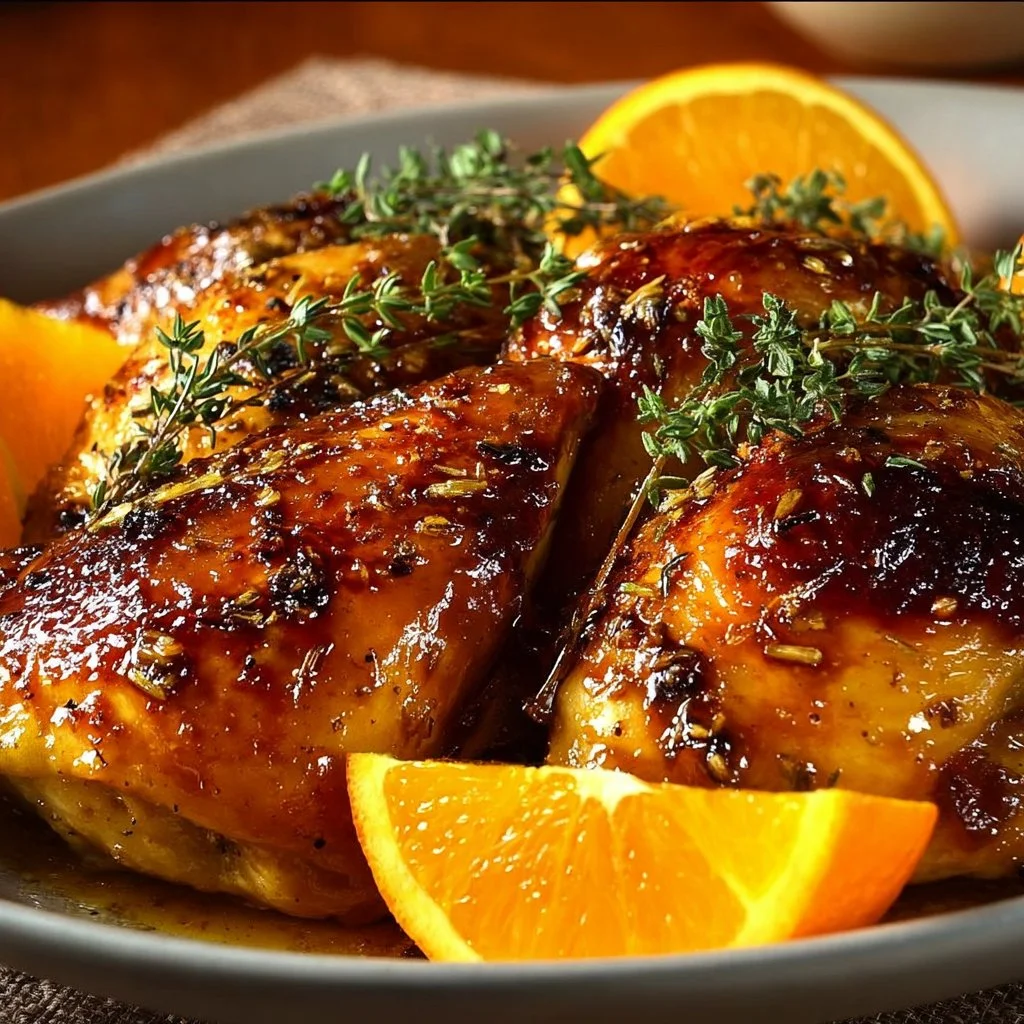 Deliciously roasted orange chicken served with garnishes and herbs