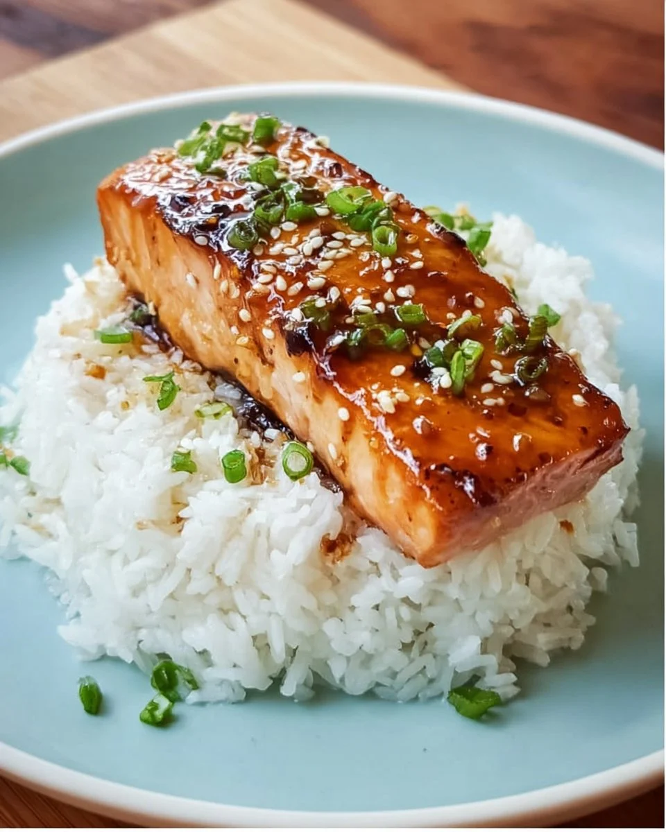 Delicious teriyaki salmon drizzled with sauce and garnished with sesame seeds.