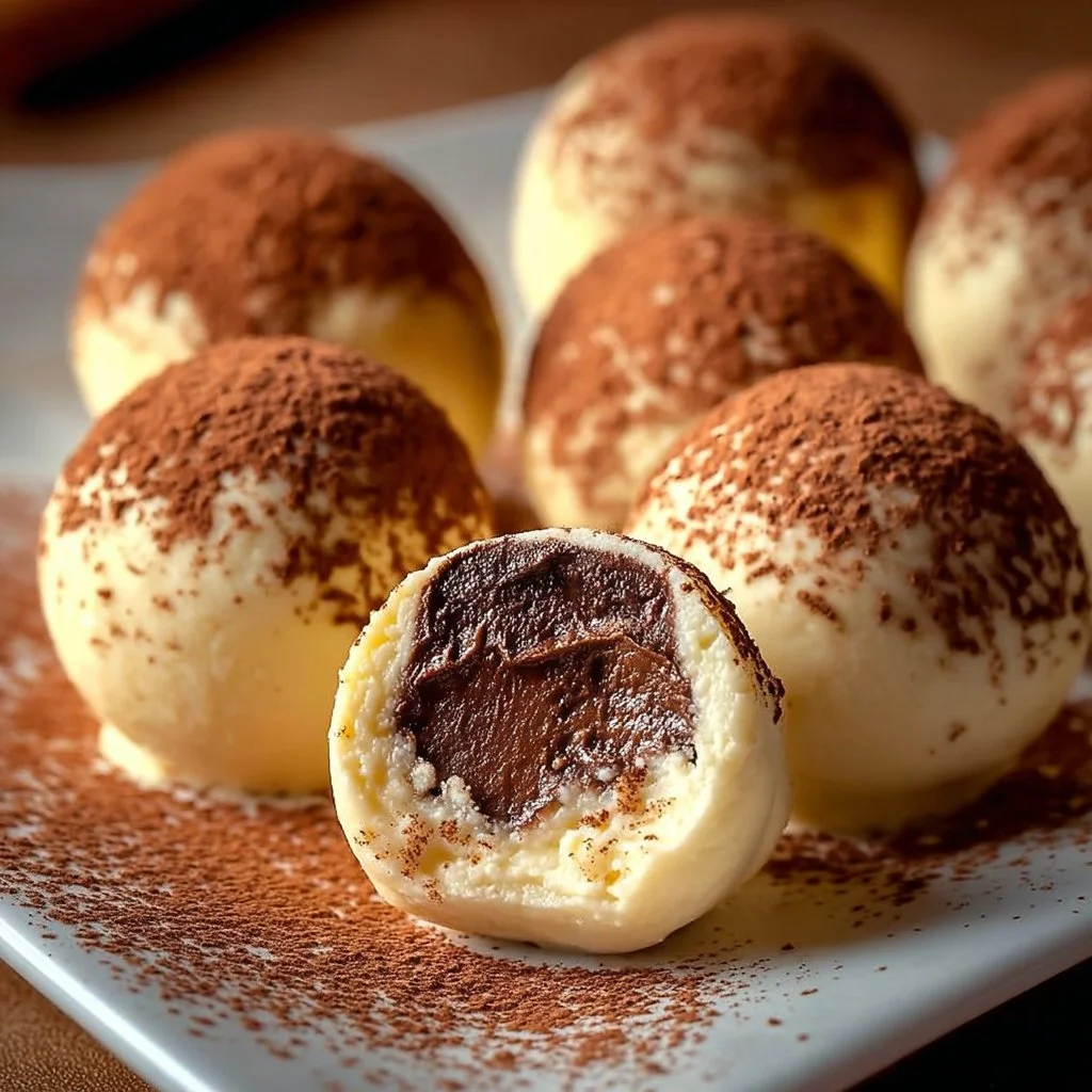 Homemade tiramisu truffles arranged on a plate, dusted with cocoa powder.