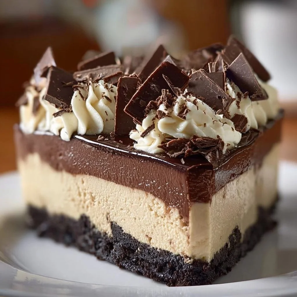 Delicious triple chocolate cheesecake topped with chocolate ganache and curls