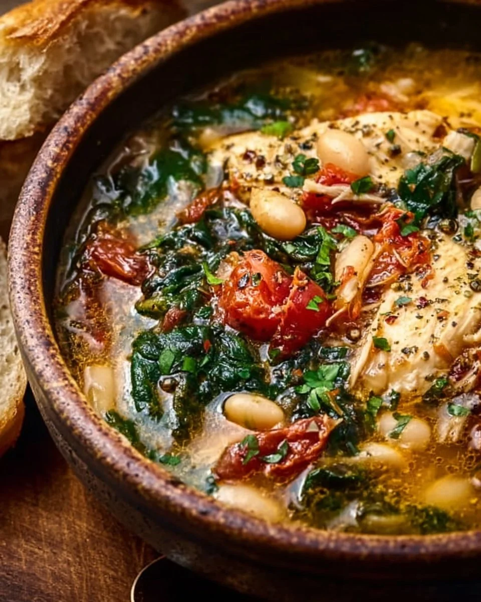 Bowl of flavorful Tuscan Chicken Soup with fresh herbs and vegetables