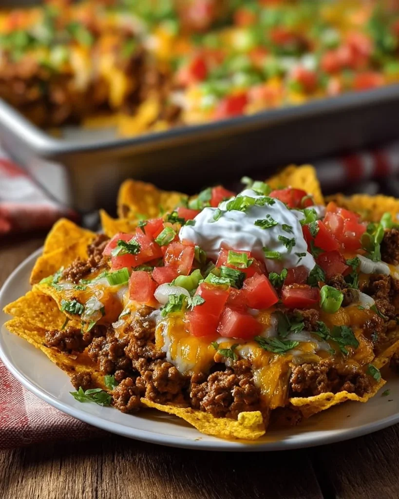 A delicious serving of Walking Taco Casserole topped with cheese and nacho chips.