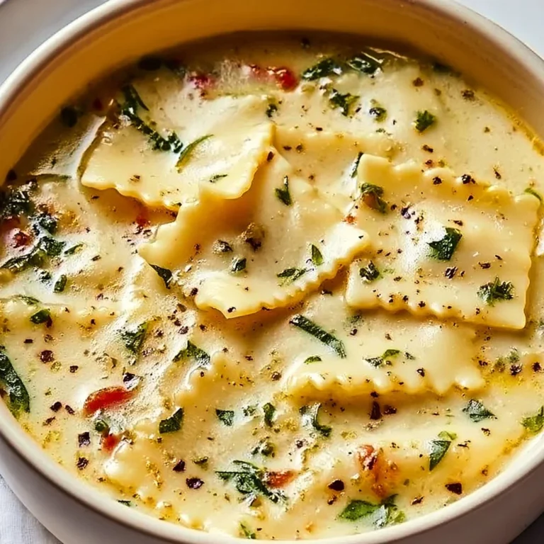 Bowl of creamy white lasagna soup topped with cheese and herbs