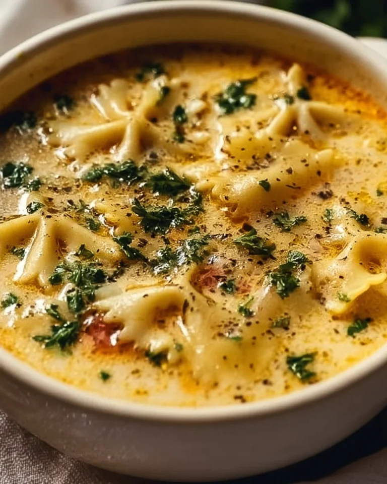 A bowl of creamy White Lasagna Soup garnished with herbs and cheese.
