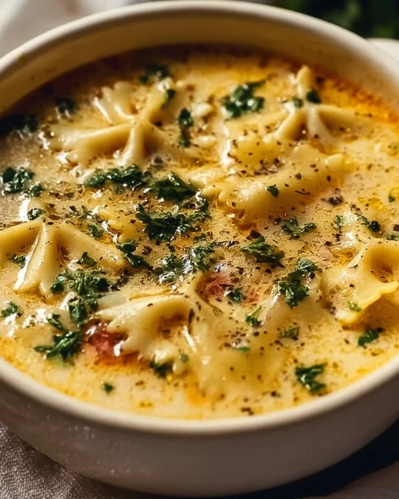 A bowl of creamy White Lasagna Soup garnished with herbs and cheese.