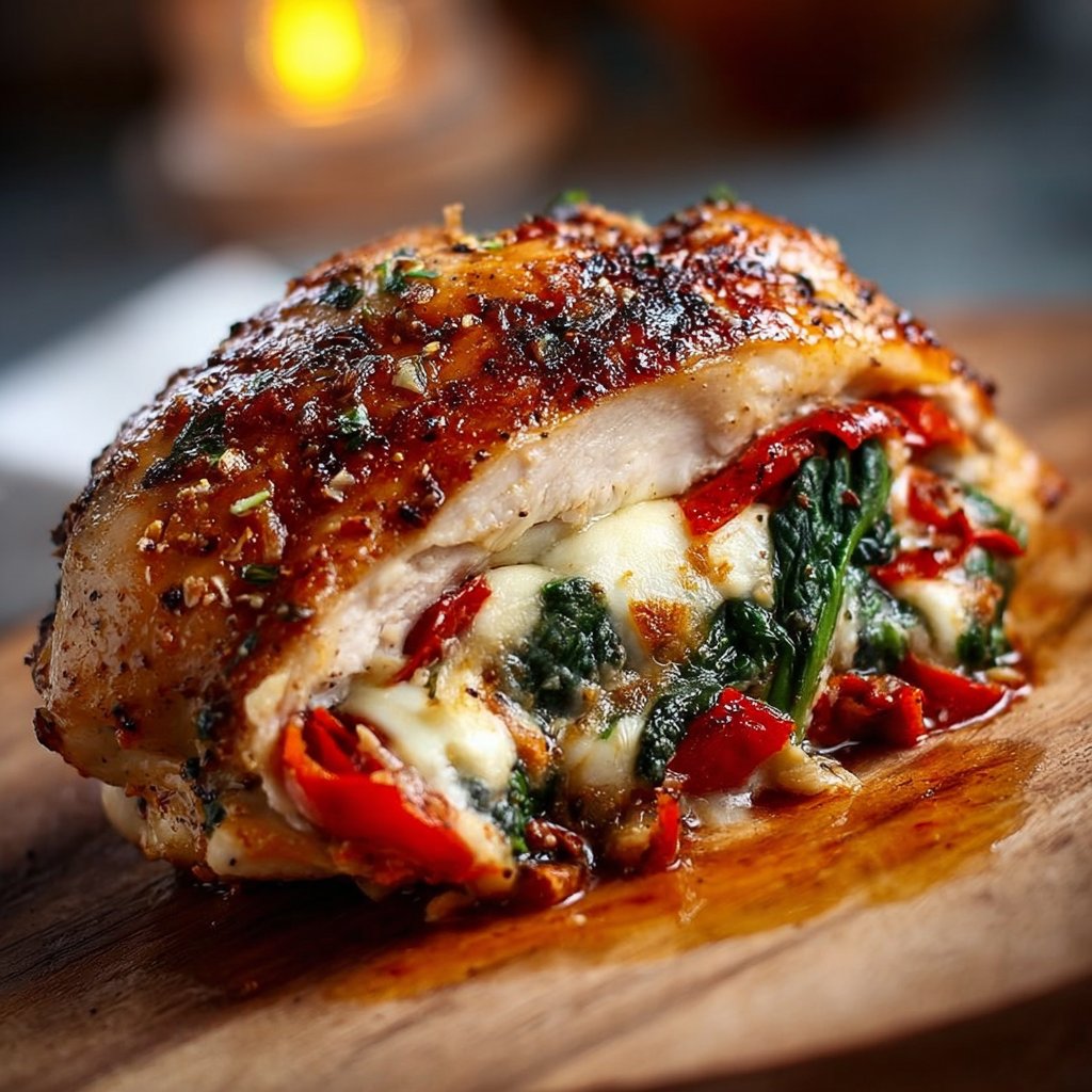 Roasted Red Pepper, Spinach, and Mozzarella Stuffed Chicken