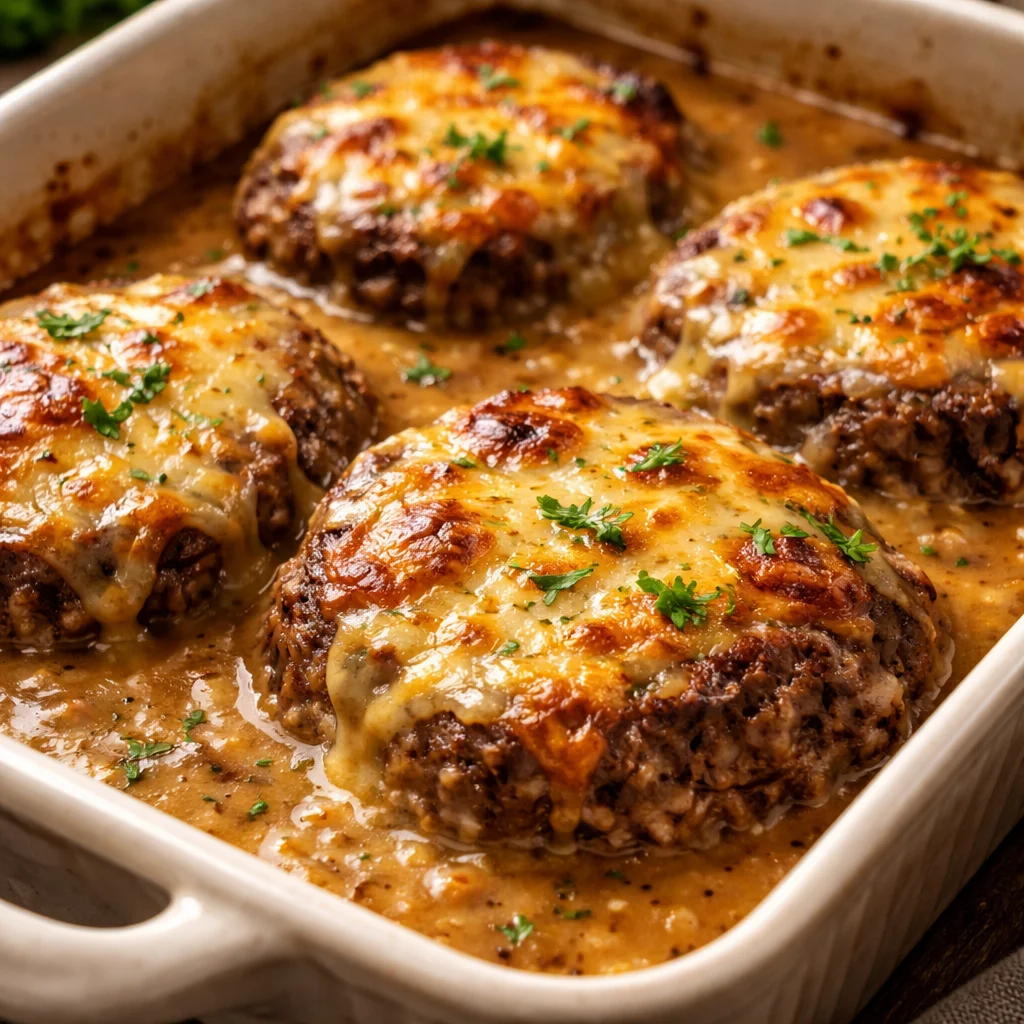 Amish Hamburger Steak Bake served with vegetables in a rustic setting.