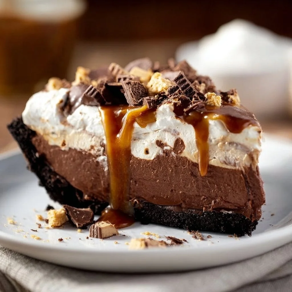 Slice of delicious Better Than Sex Pie with chocolate and whipped cream topping