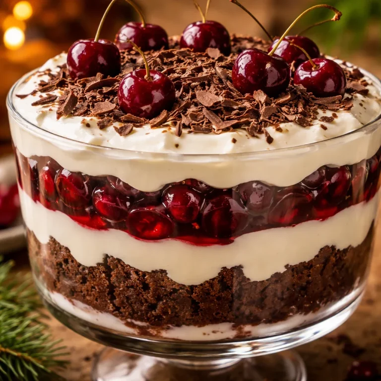 Delicious Black Forest Trifle dessert with layers of chocolate, cherries, and cream.