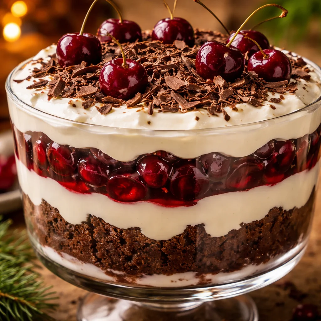 Delicious Black Forest Trifle dessert with layers of chocolate, cherries, and cream.