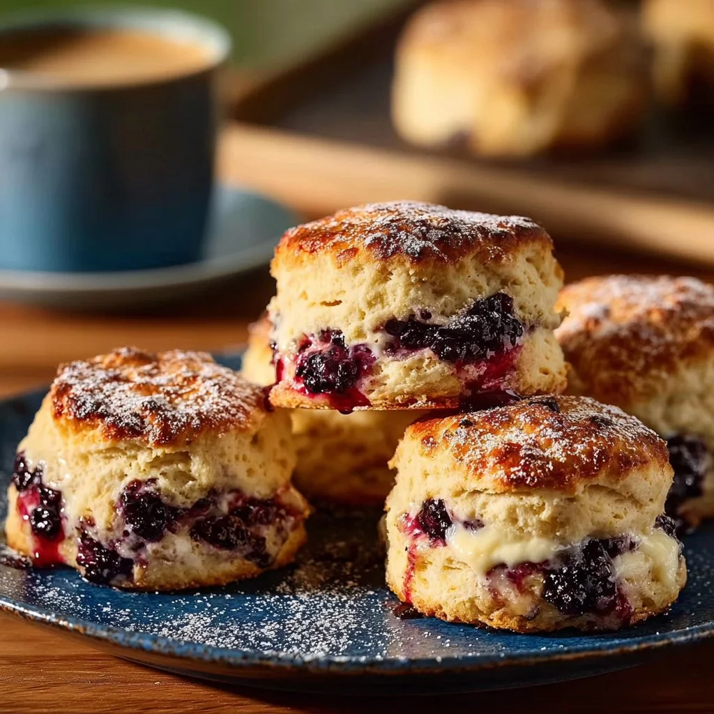 Freshly baked blueberry biscuits with golden tops and juicy blueberries.