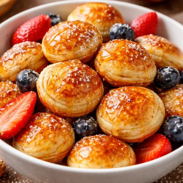 Delicious breakfast pancake poppers served with syrup.