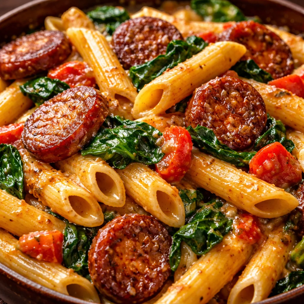 Bowl of Cajun Sausage Pasta with vibrant colors and garnished herbs