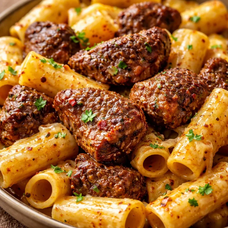 Cajun steak tips served with cheesy rigatoni on a plate