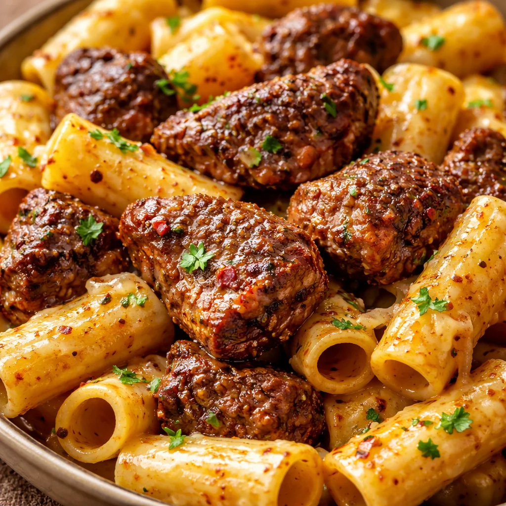 Cajun steak tips served with cheesy rigatoni on a plate