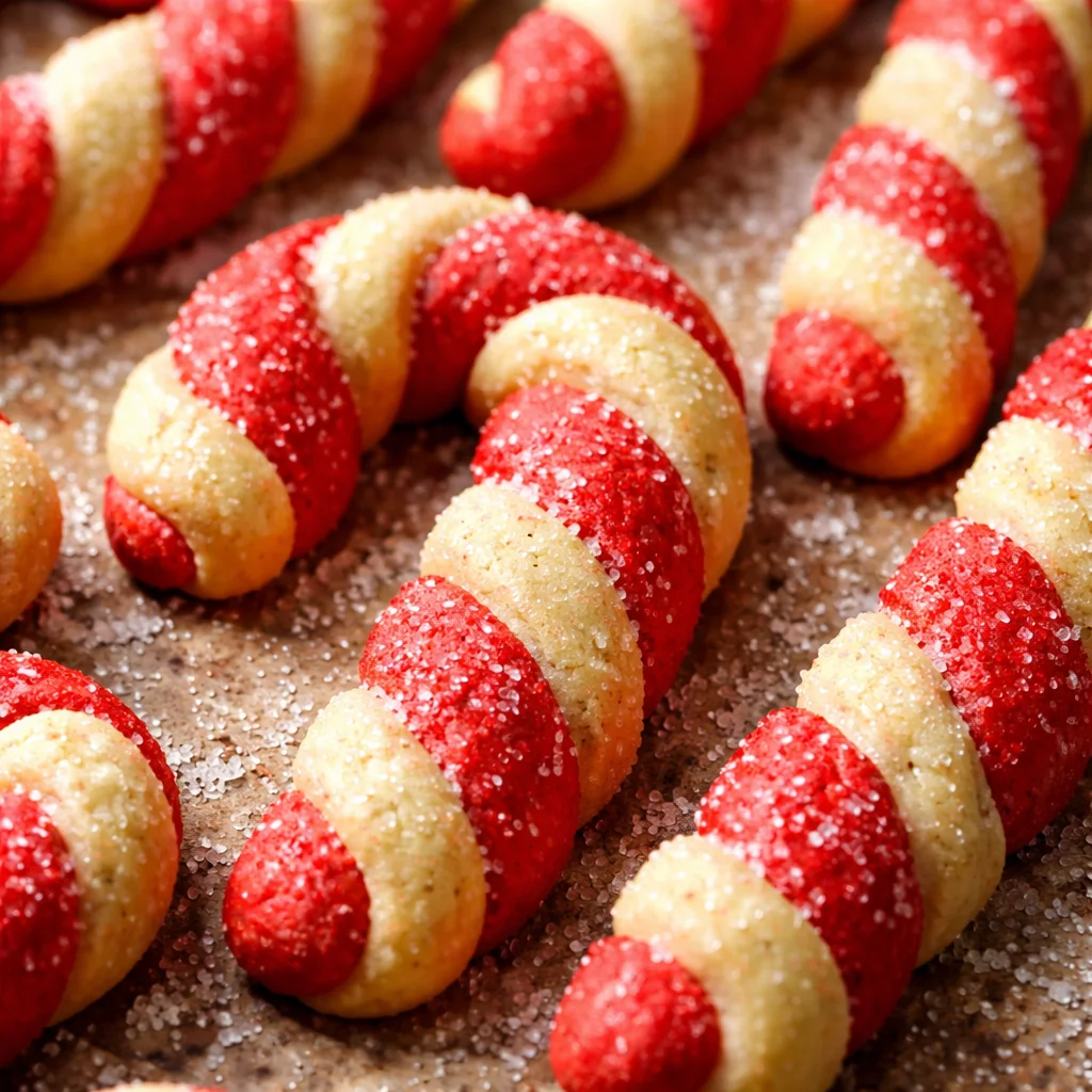 Delicious Candy Cane Cookies decorated with red and white stripes for the holidays.