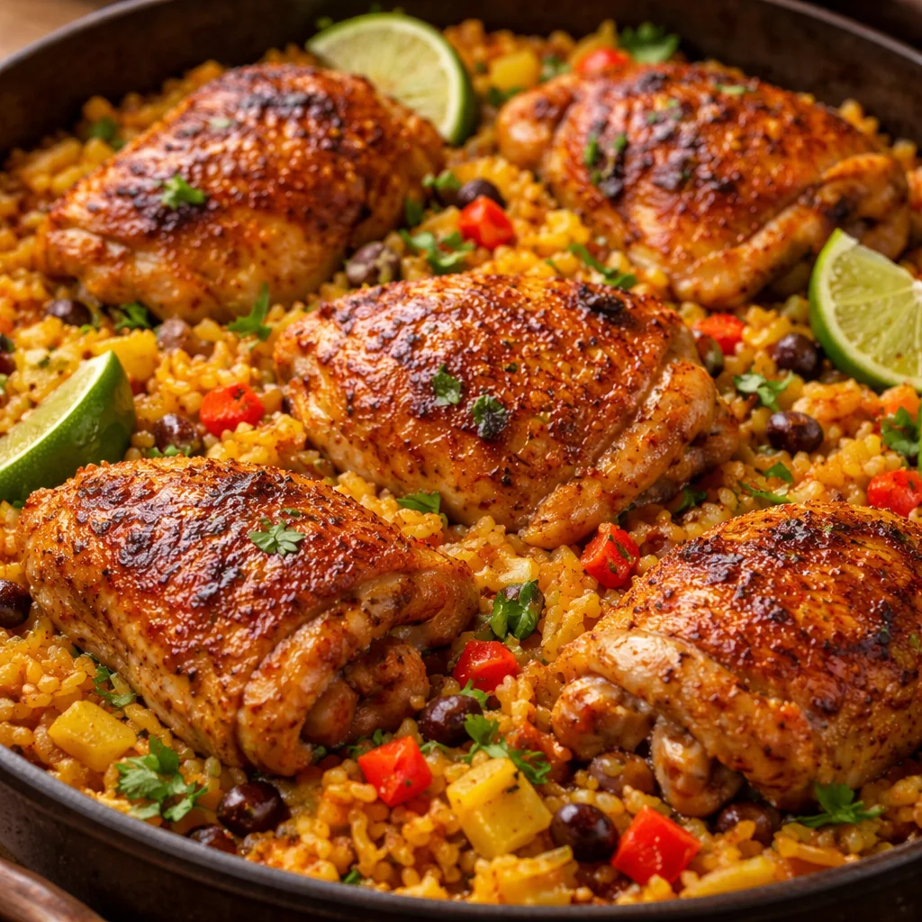 Delicious Caribbean Chicken served with seasoned rice and colorful vegetables.