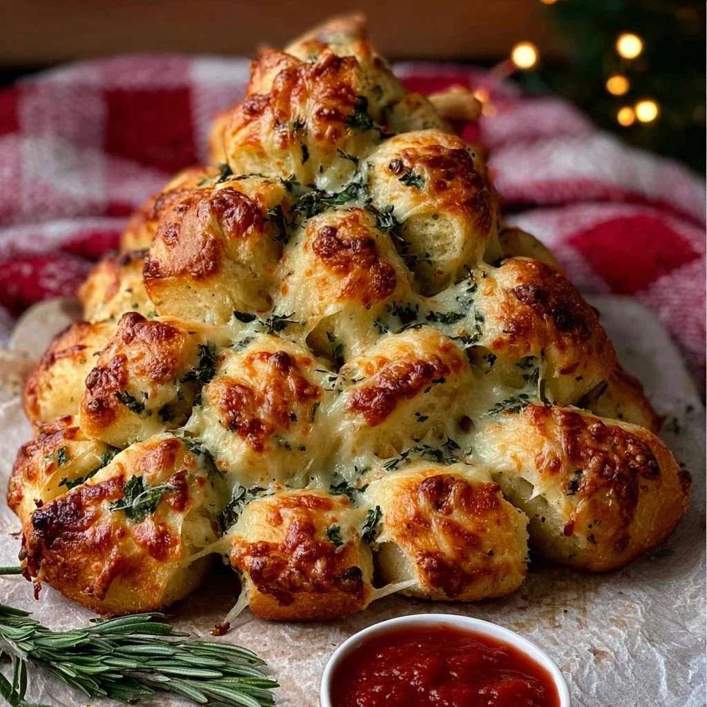 Cheesy Christmas Tree Bread fresh out of the oven, festive holiday appetizer