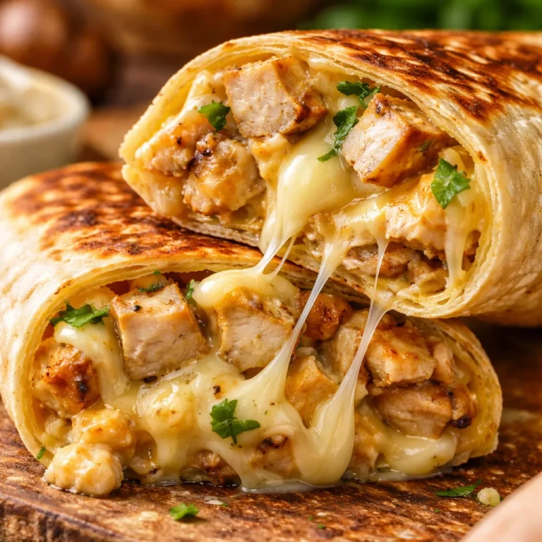 Delicious cheesy garlic chicken wraps with fresh ingredients and melted cheese