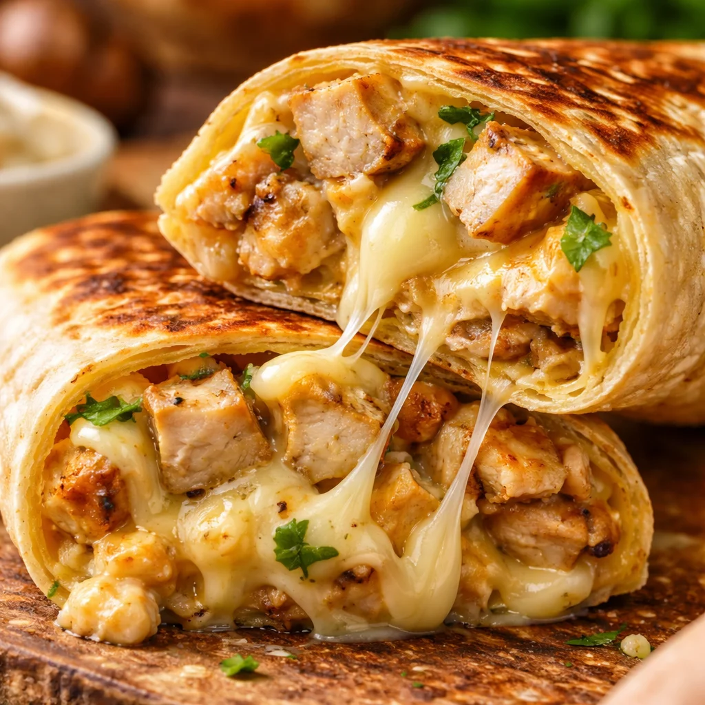 Delicious cheesy garlic chicken wraps with fresh ingredients and melted cheese