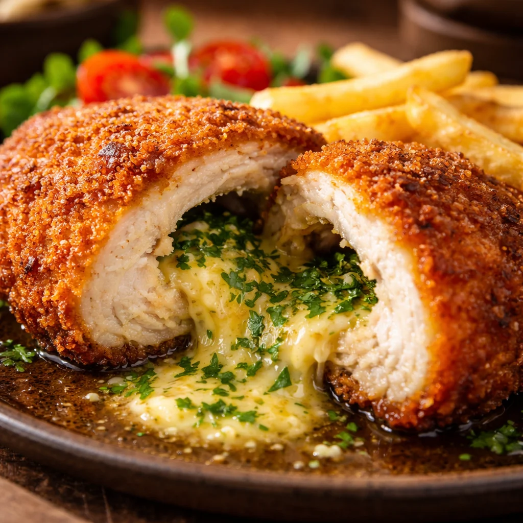 Delicious Chicken Kiev served with herbs and a crispy golden crust