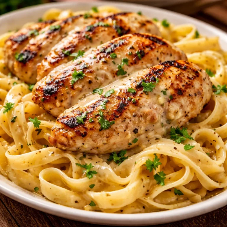 Plate of chicken with buttered noodles garnished with herbs