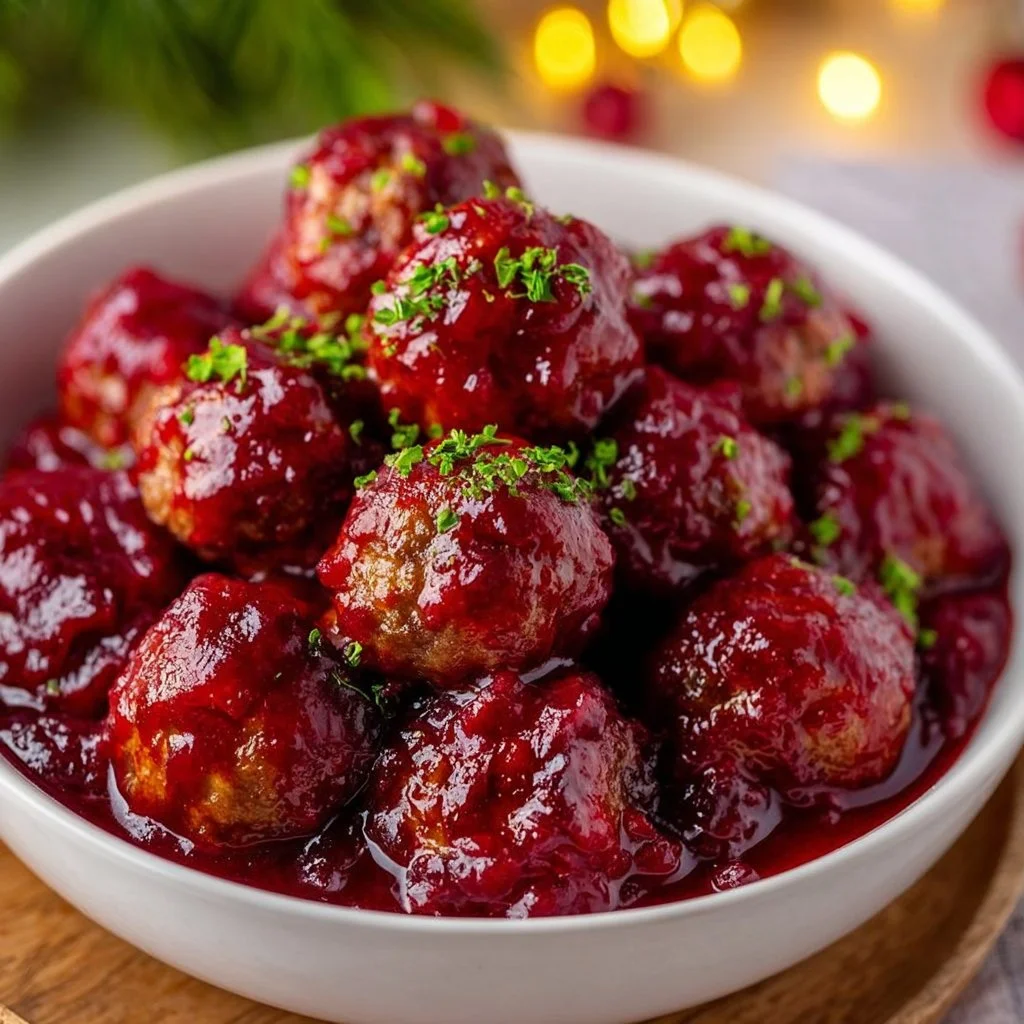 Delicious Christmas Cranberry Meatballs served on a festive platter