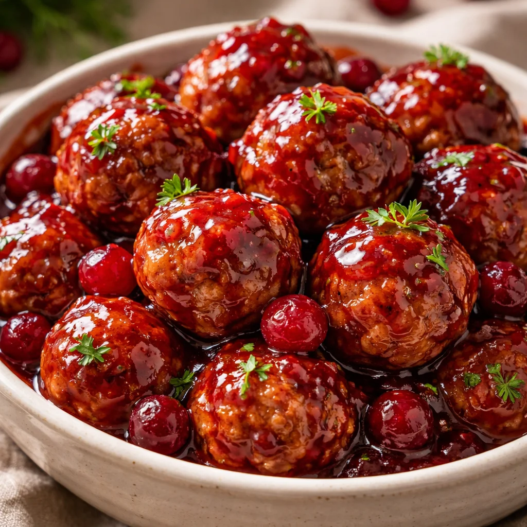 Festive Christmas Cranberry Meatballs served on a holiday platter