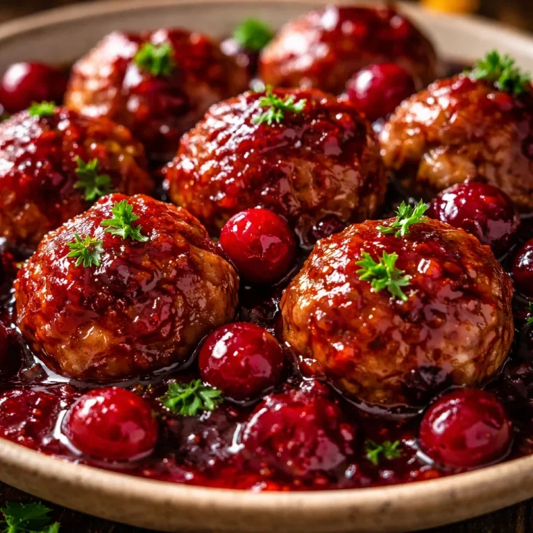 Delicious Christmas Cranberry Meatballs served on a festive platter