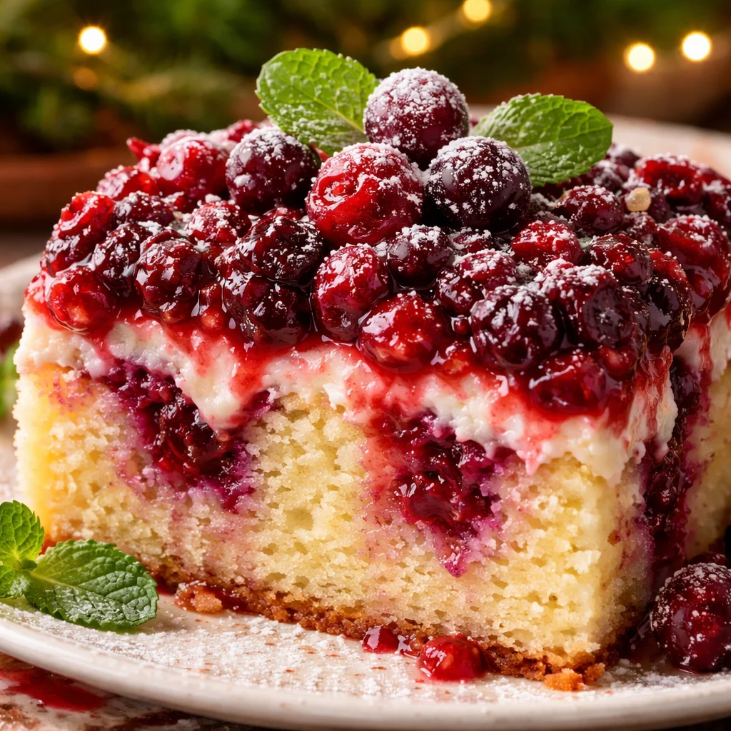 Christmas Cranberry Poke Cake topped with festive cranberry sauce and whipped cream.