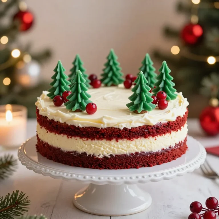 Christmas Red Velvet Cheesecake with cream cheese frosting on a holiday table