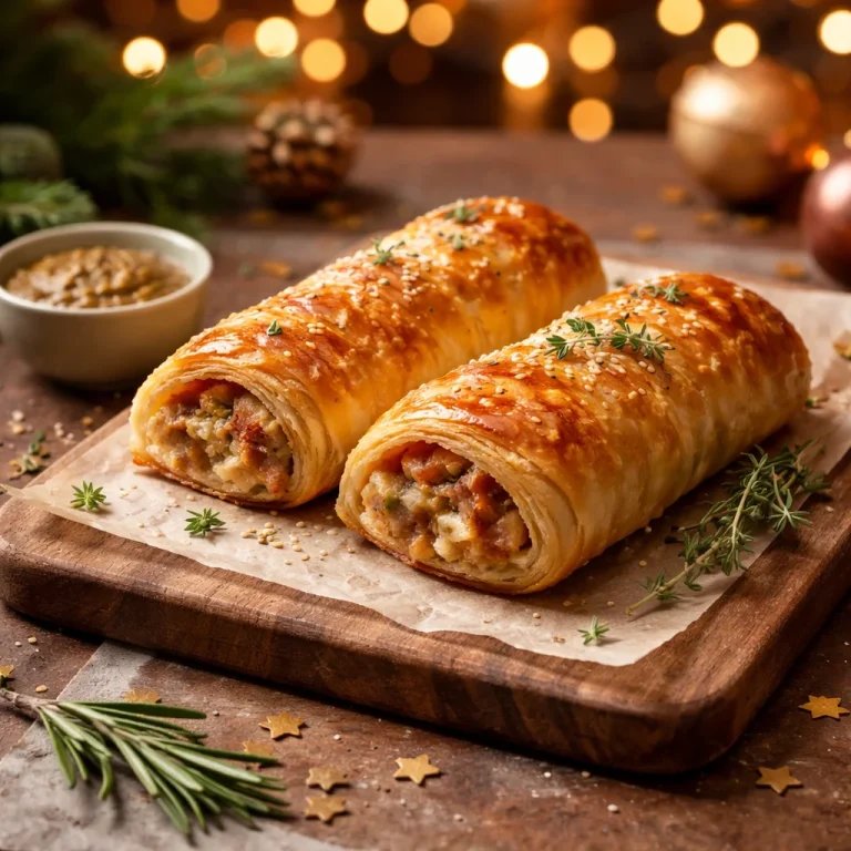 Delicious homemade Christmas sausage rolls on a festive platter