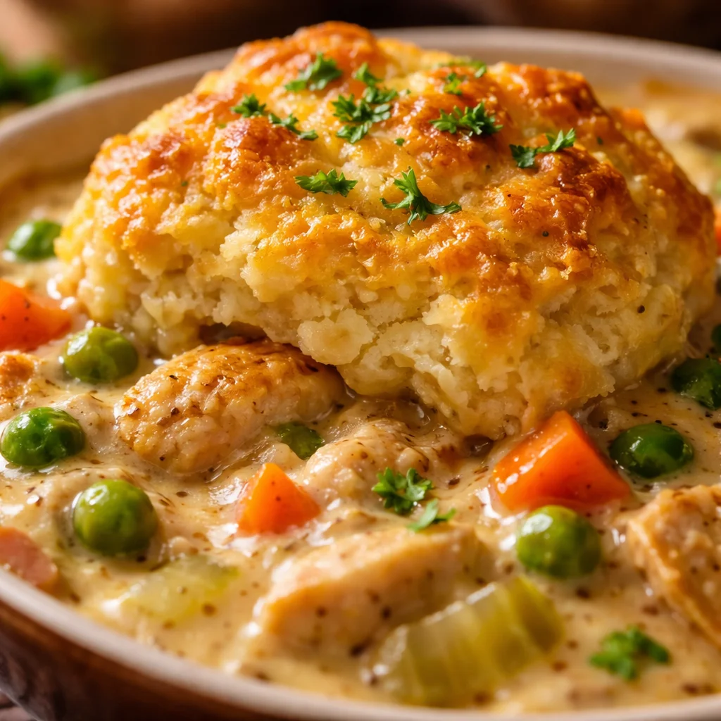 Delicious Red Lobster Biscuit Chicken Pot Pie served warm in a cozy dish.