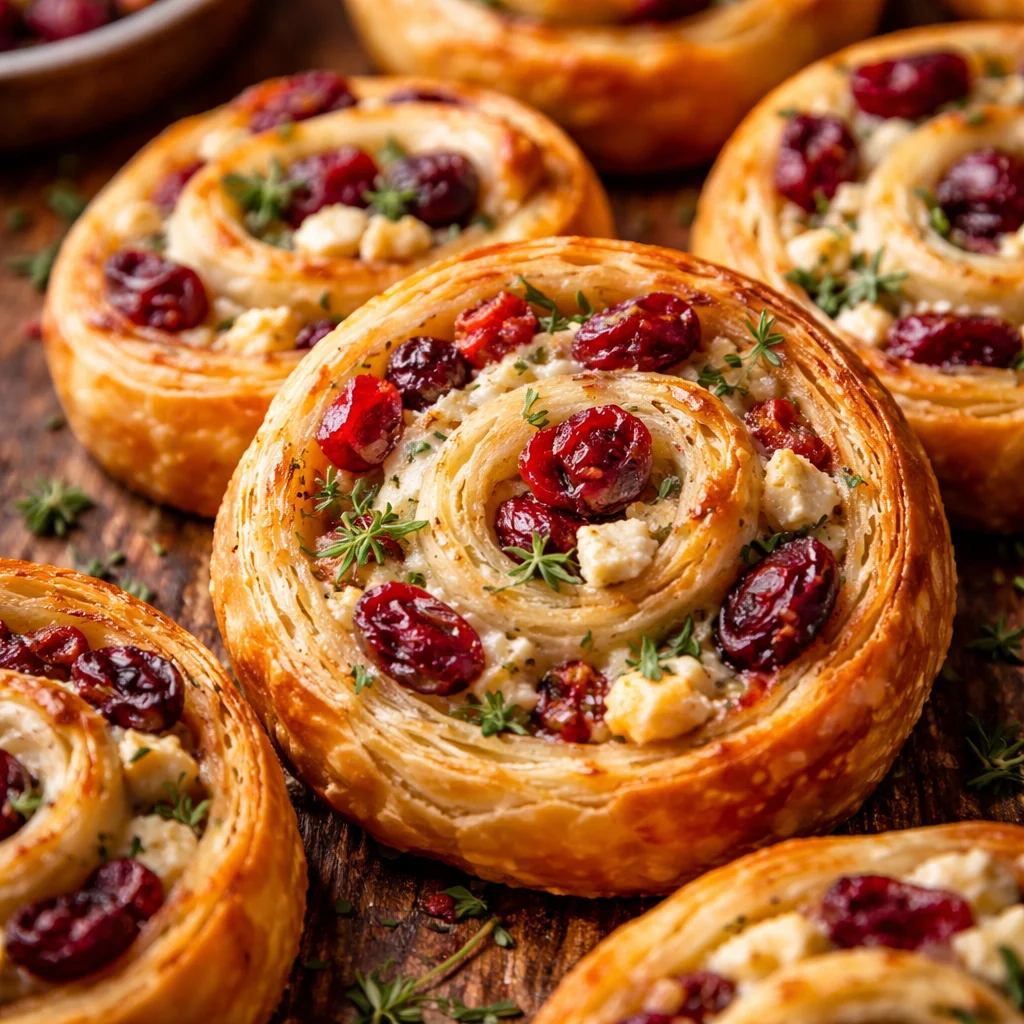 Delicious cranberry pinwheels with cream cheese, feta, and herbs on a platter