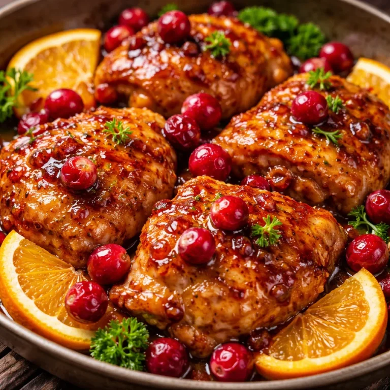Cranberry Orange Chicken served on a plate with garnish.