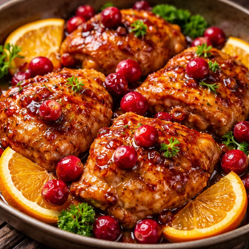 Cranberry Orange Chicken served on a plate with garnish.